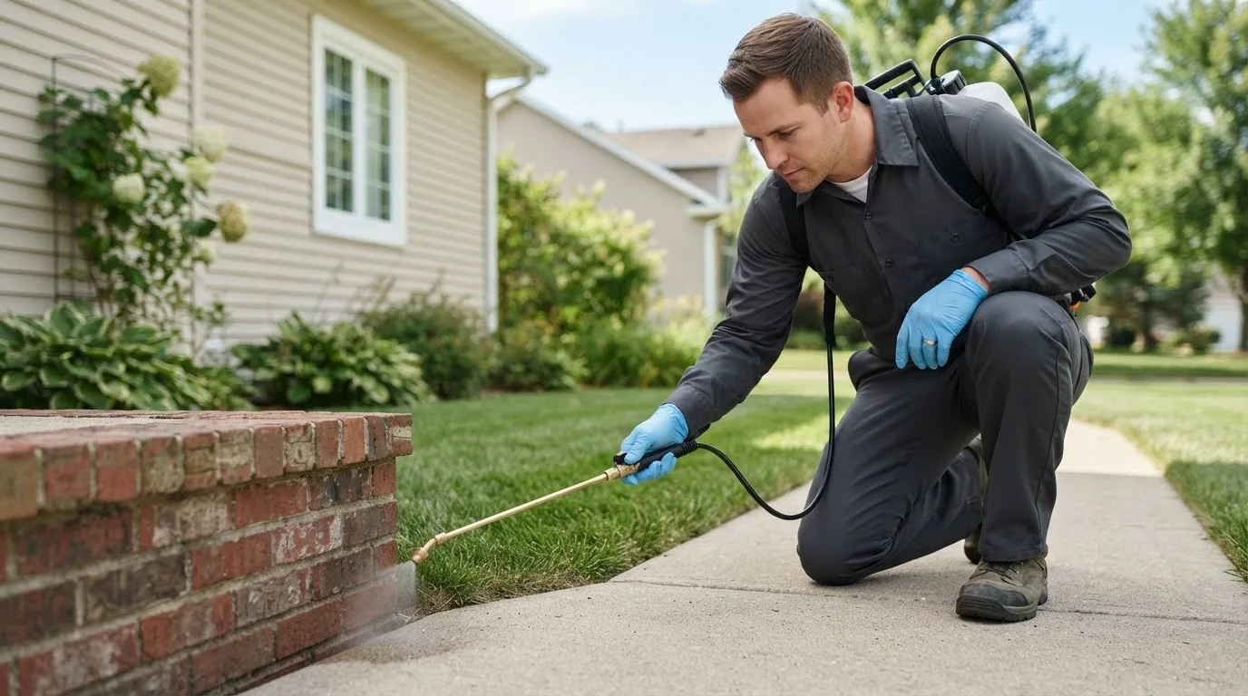 Pest control technician treating a home near Feesburg, OH