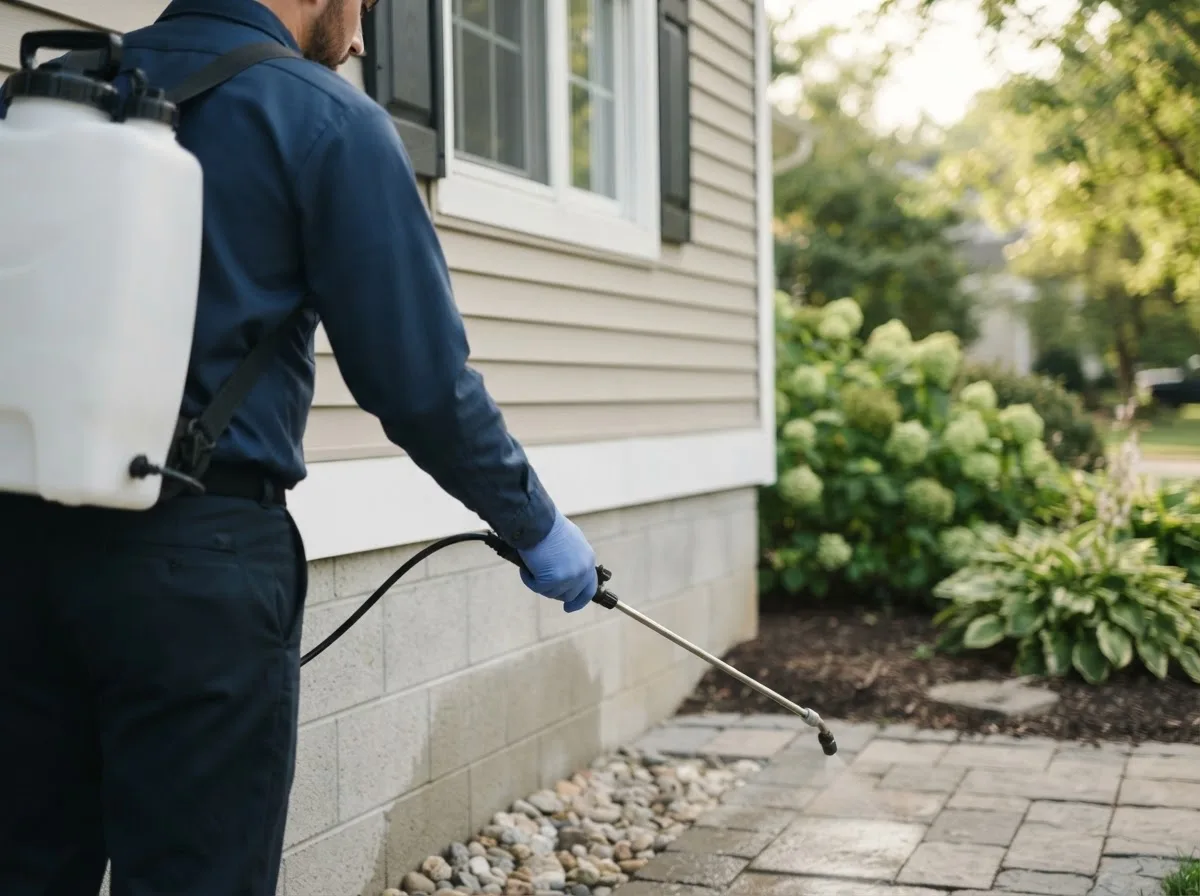 Pest control technician inspecting a home in Feesburg, OH